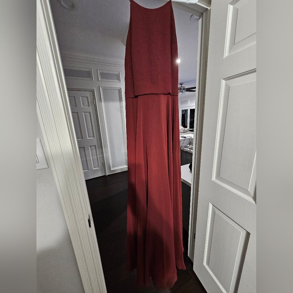 Jenny Yoo Wine Halter Chiffon Bridesmaid Gown - Picture 7 of 14